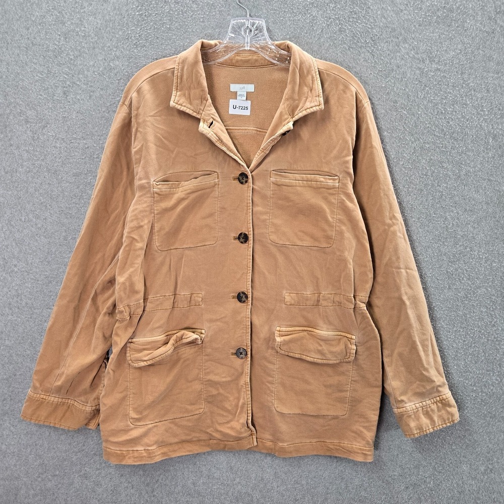 J Jill Women‎ Jacket Medium Beige Shacket Button Up Pockets Long Sleeve Spandex